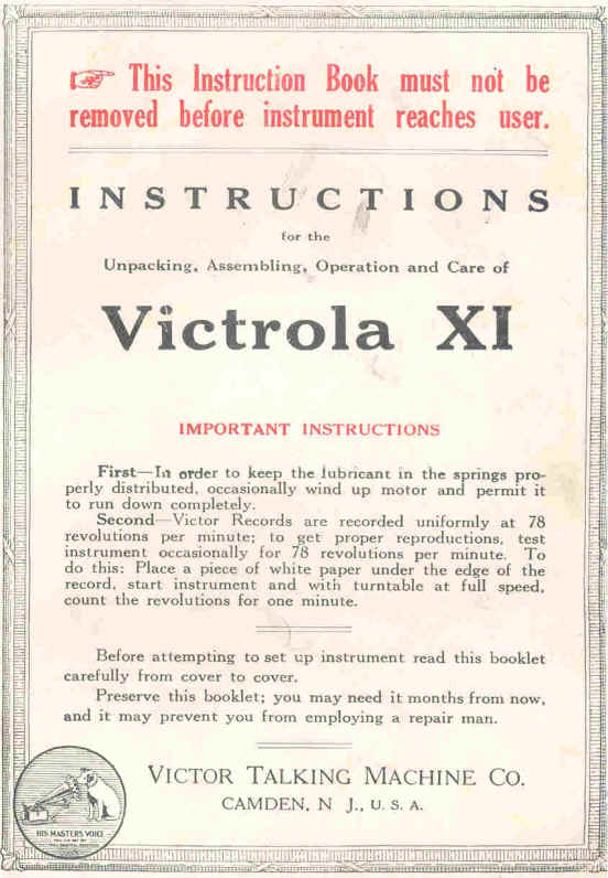 Victor Victrola VI Gramophone Phonograph  Instruction Manual Reproduction 